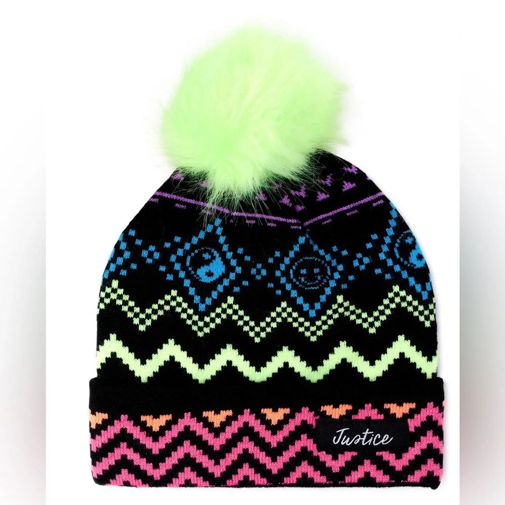 2pack Justice Girls’ faux fur pom pom ombre Tie Dye & fair isle look beanies new